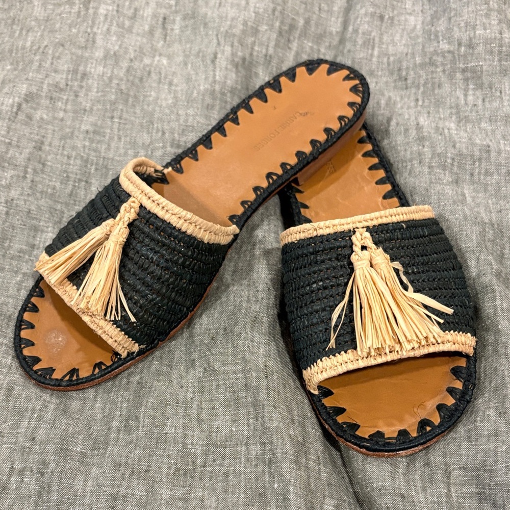 Carrie Forbes Adam Pom Raffia Tassel Slide Sandals Black Tan EU 39 US 8.5 EUC